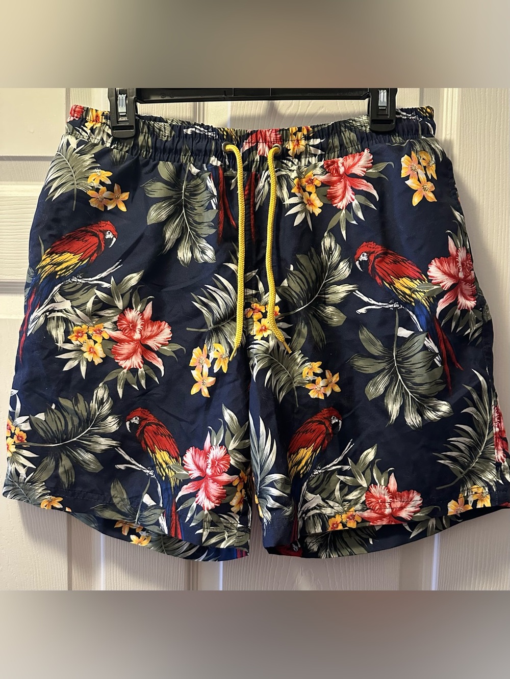 Club Room Navy Tropical Parrot Swim Trunks with Yellow Drawstring